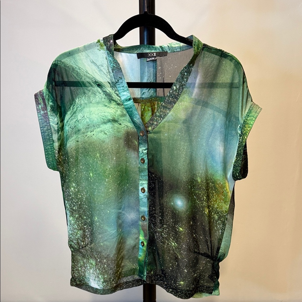 XOXO Sheer Green Galaxy Print Button Down Shirt